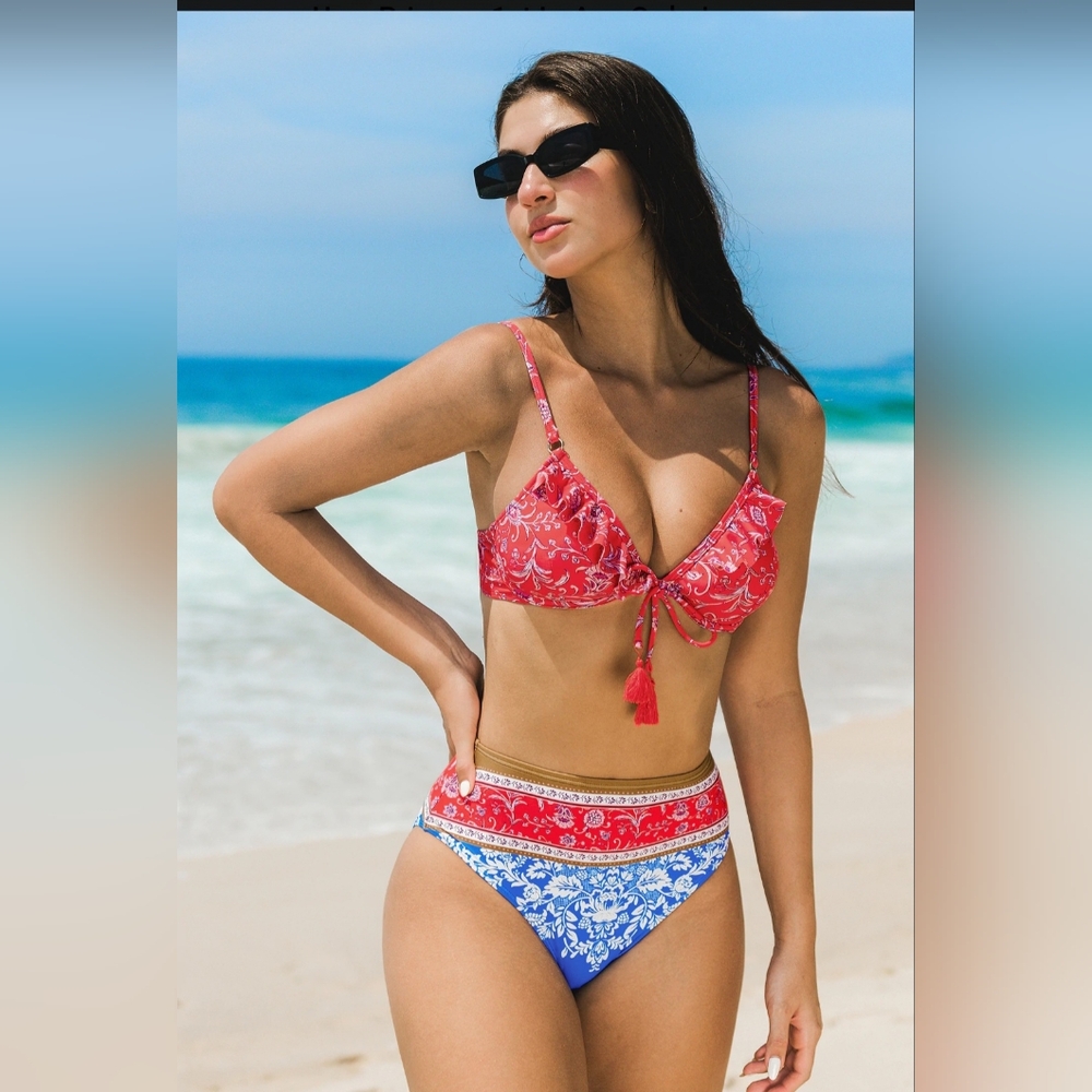 Cupshe Ethereal Paisley Ruffle Bikini Top and Colorblock Bottoms Set Swi…